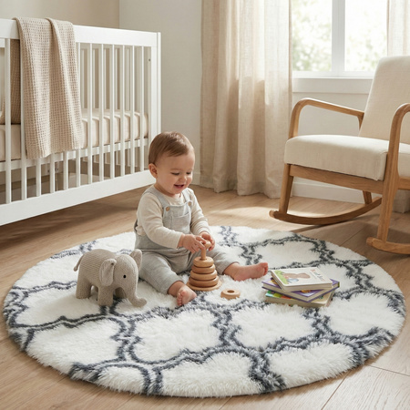 Dywan okrągły do salonu shaggy DECOR antypoślizgowy miękki puszysty 140x140 White Lantern