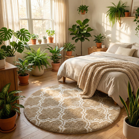 Dywan okrągły do salonu shaggy DECOR antypoślizgowy miękki puszysty 120x120 Khaki Lantern