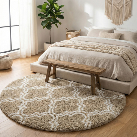 Dywan okrągły do salonu shaggy DECOR antypoślizgowy miękki puszysty 140x140, khaki