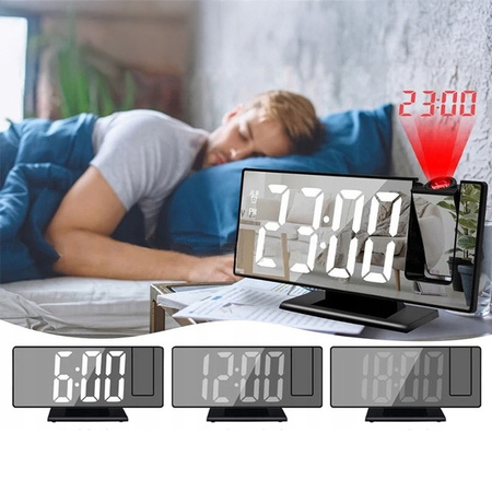 Elektroniczny Zegar LED cyfrowy z projektorem budzik termometr lustro 4w1, czarny