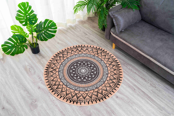 Dywan okrągły Novo 160x160 cm, beżowy Aztecki - pluszowy do salonu