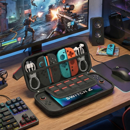 Etui do Nintendo Switch 2 2025 Wzmocnione do konsoli, czarne - ochronne z podstawką, dostęp do portów i przycisków