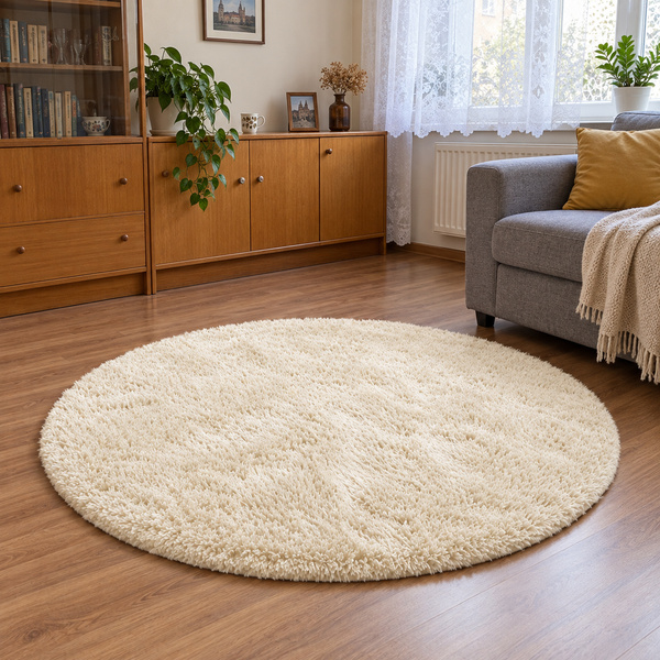 Dywan okrągły Shaggy 200x200 cm, beżowy XXL - pluszowy do salonu
