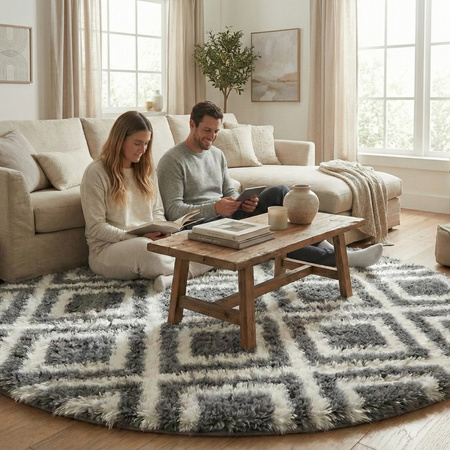 Dywan okrągły do salonu shaggy DECOR antypoślizgowy miękki puszysty 140x140 Black Cube