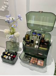 Multilevel green casket organizer Strado for cosmetics and jewelry capacious lockable acrylic trunk