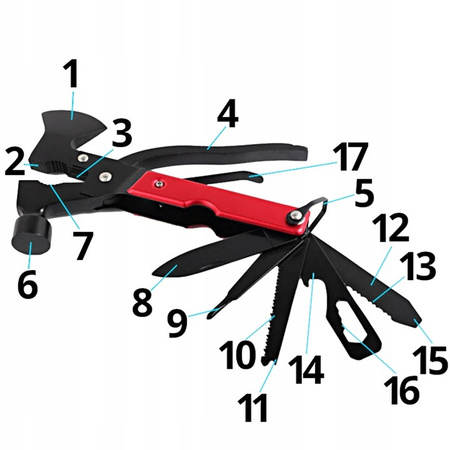 MULTITOOL 17w1 Narzędzie wielofunkcyjne survival składany scyzoryk nóż piła, czerwony