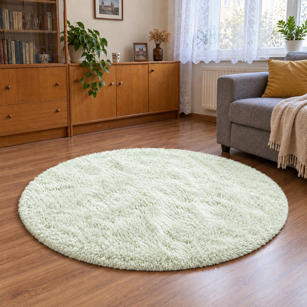 Dywan okrągły Shaggy 140x140 cm, biała limonka WhiteLime - pluszowy do salonu