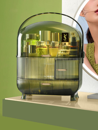 Multilevel green casket organizer Strado for cosmetics and jewelry capacious lockable acrylic trunk