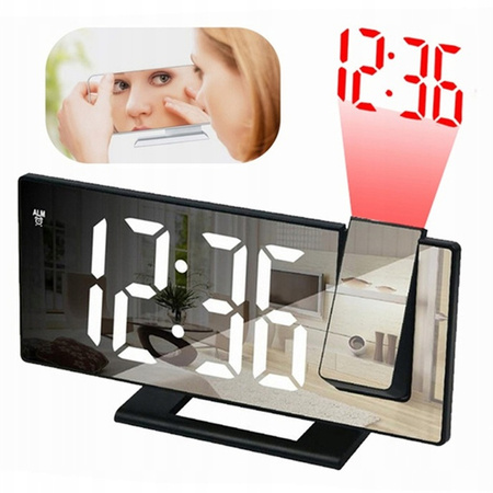 Elektroniczny Zegar LED cyfrowy z projektorem budzik termometr lustro 4w1, czarny