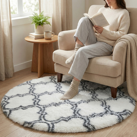 Dywan okrągły do salonu shaggy DECOR antypoślizgowy miękki puszysty 120x120 White Lantern