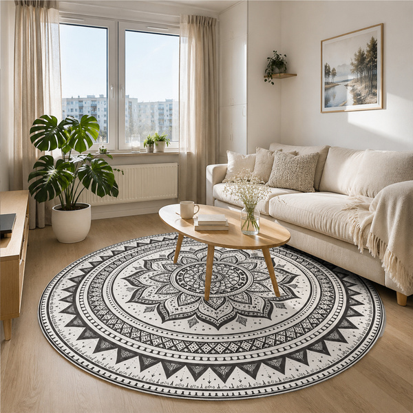 Dywan okrągły Mandala do salonu 90x90 orientalny NOVO antypoślizgowy miękki