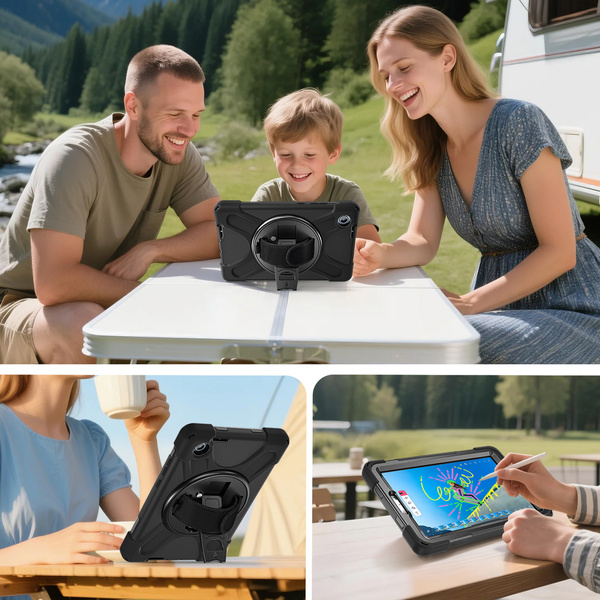 Etui pancerne z uchwytem do Lenovo Tab One 8.7 2025 TB305FU TB305XU z podstawką i paskiem, czarne