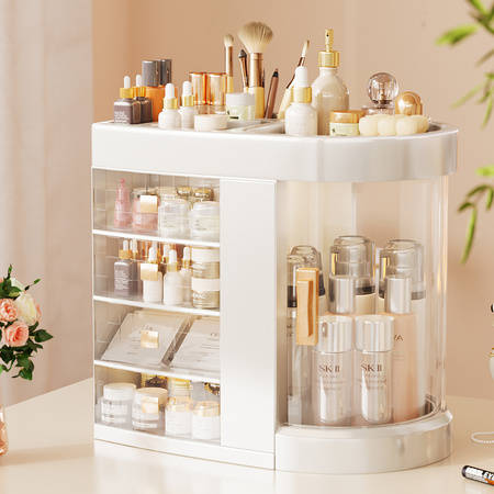 Organizer Maya clear casket for cosmetics and jewelry 4 drawers rotating lid elegant design