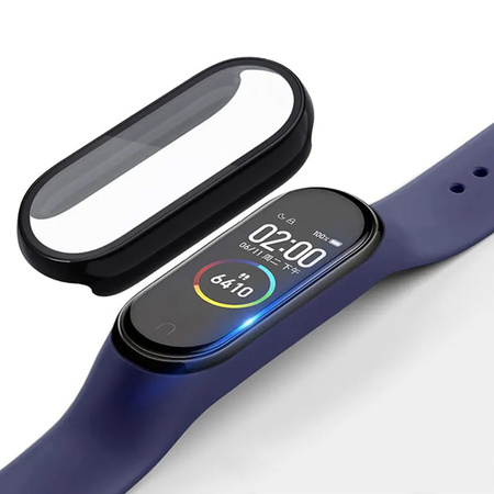 Puzdro 2w1 s tvrdeným sklom na Xiaomi Mi Band 8, čierne - ochranné so stojanom, prístup k portom a tlačidlám