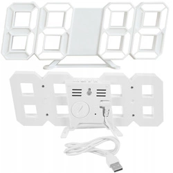 4w1 Zegar cyfrowy LED 3D ścienny stojący budzik termometr data alarm, biały