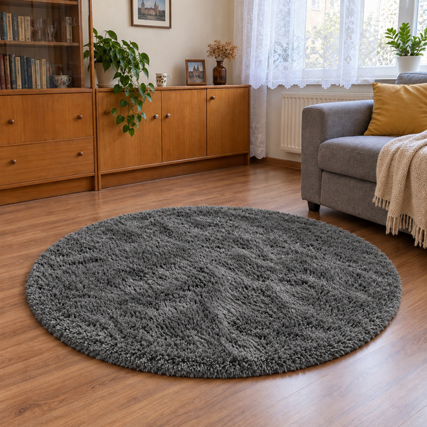 Dywan okrągły Shaggy 200x200 cm, ciemnosrebrny XXL - pluszowy do salonu