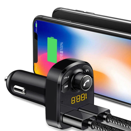 Transmiter FM samochodowy z ładowarką USB Bluetooth i na pendrive Kebidu A5, czarny