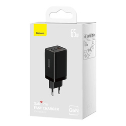 Rýchla nabíjačka sieťová GaN 2xUSB C 1xUSB 65W Baseus GaN5 Pro + kábel USB C USB C 100W, čierny