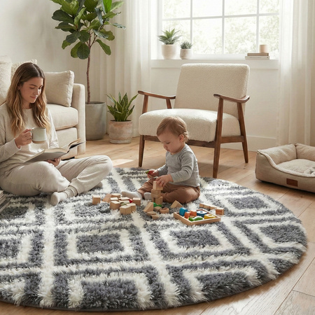 Dywan okrągły do salonu shaggy DECOR antypoślizgowy miękki puszysty 120x120 Black Cube