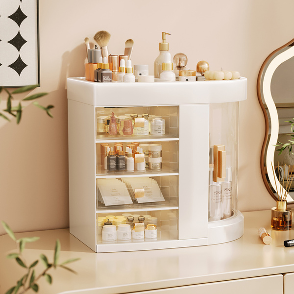 Organizer Maya clear casket for cosmetics and jewelry 4 drawers rotating lid elegant design