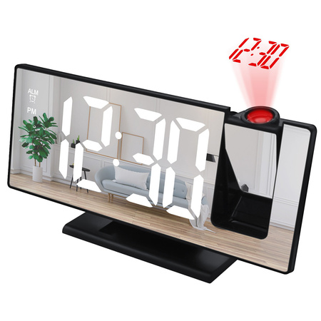 Elektroniczny Zegar LED cyfrowy z projektorem budzik termometr lustro 4w1, czarny